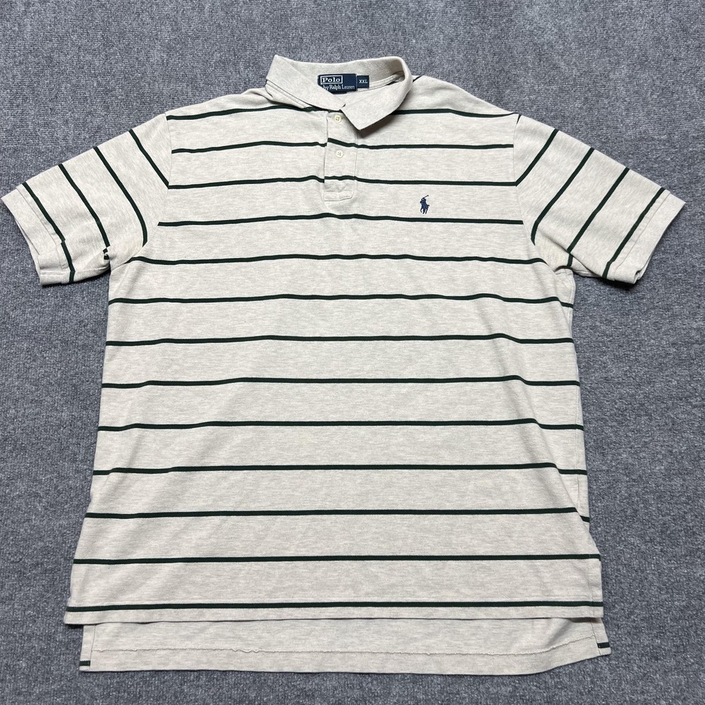 Polo Ralph Lauren Polo Shirt Mens 2XL Gray Green Striped 100% Cotton Knit Logo